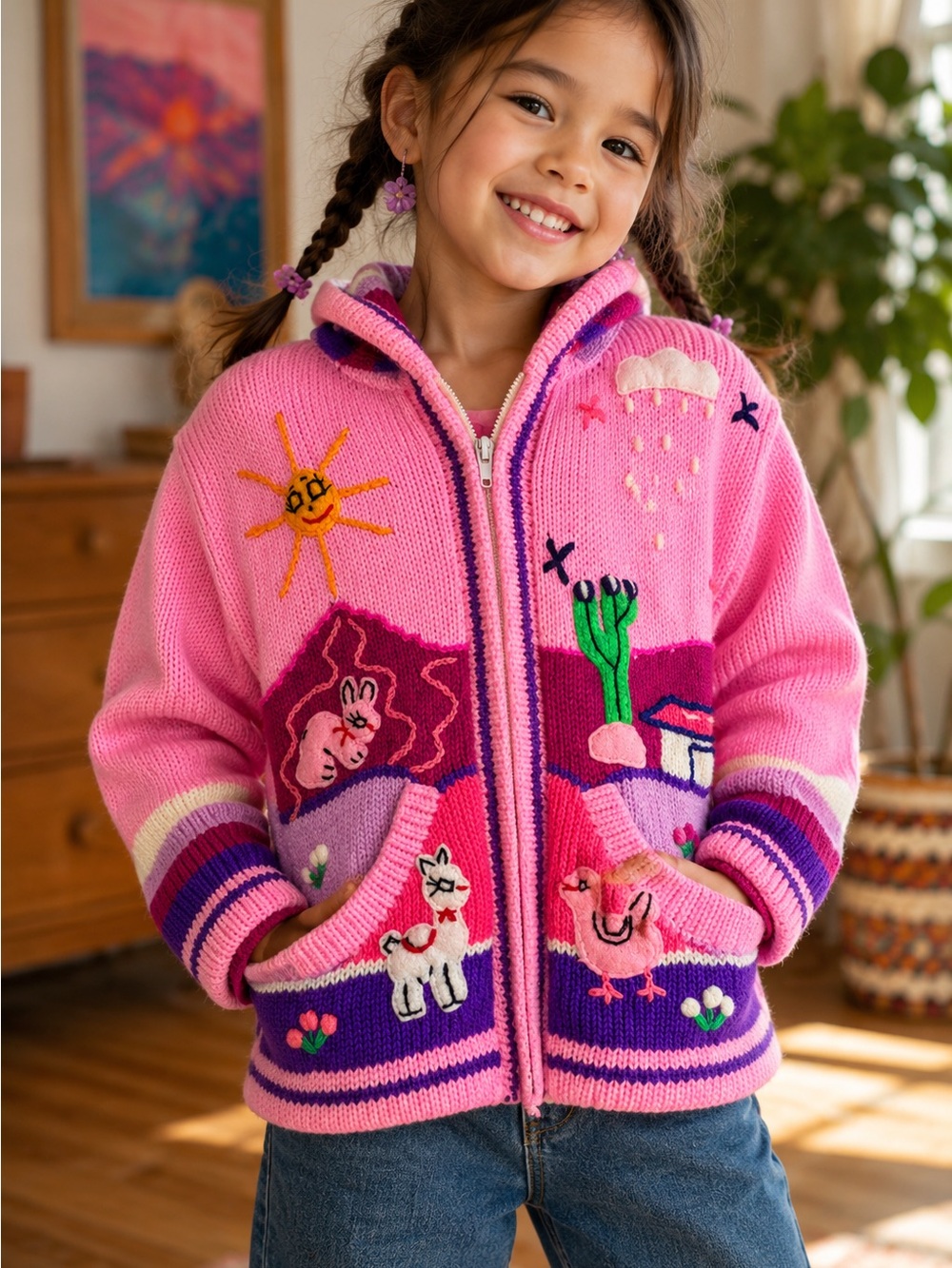 Isabella Mia Girls Size 6 Peruvian Knit Hooded Cardigan Pink Appliqué Jacket